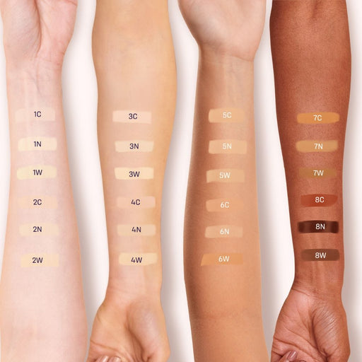 By Terry Brightening CC Foundation swatch chart of all 24 colors on 4 different skin tones from light to dark
