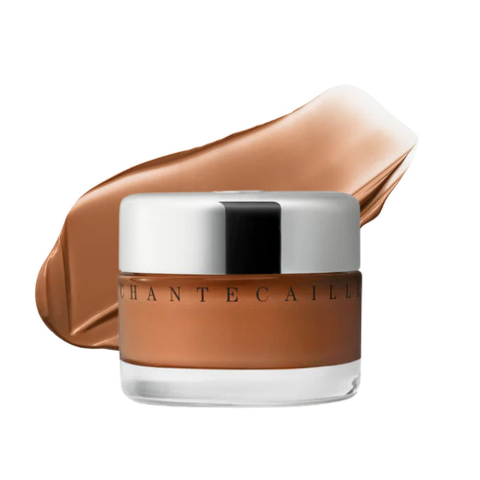 Chantecaille Future Skin Gel Foundation Carob 1oz jar with swatch behind