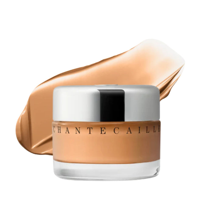 Chantecaille Future Skin Gel Foundation Sand 1oz jar with swatch behind