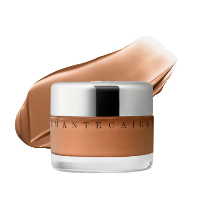 Chantecaille Future Skin Gel Foundation Teak 1oz jar with swatch behind