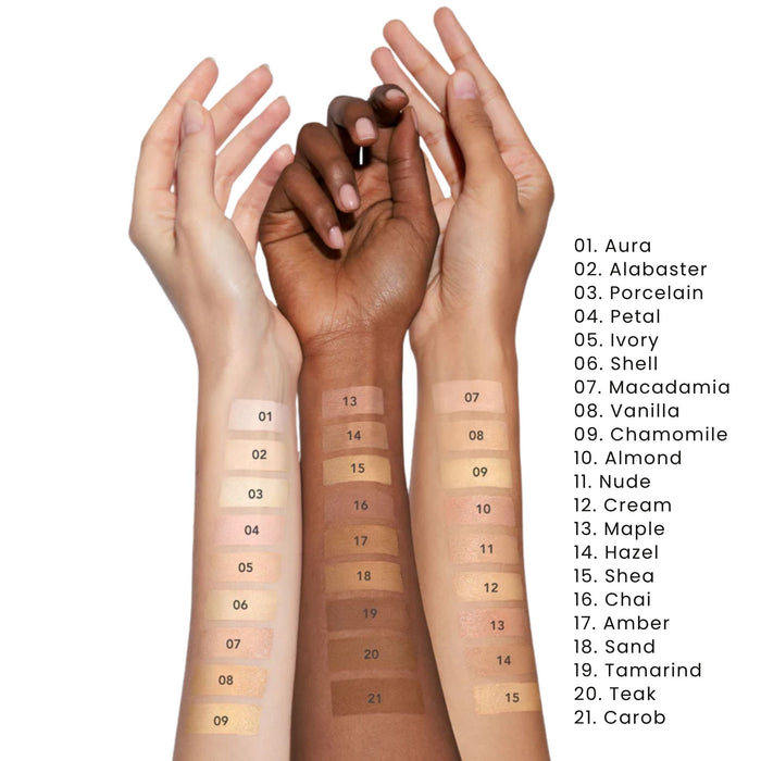 Chantecaille Future Skin Gel Foundation numbered arm swatches with names to the right