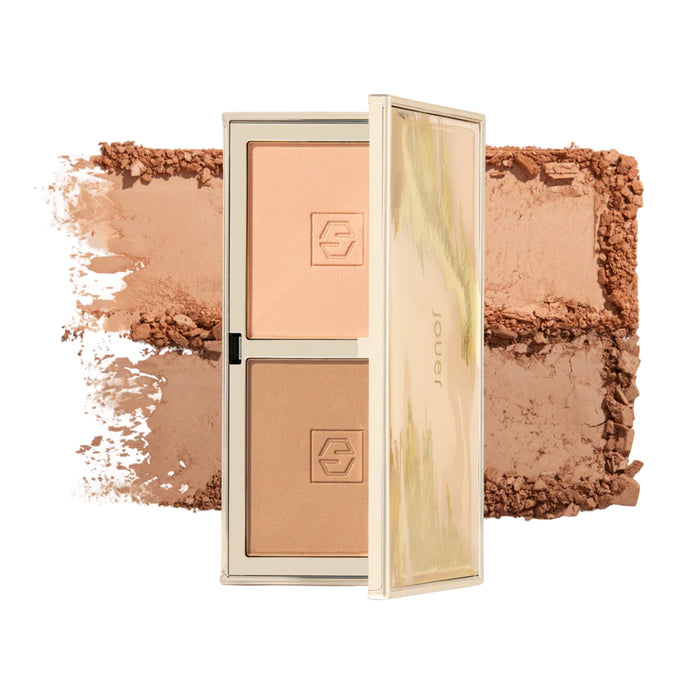 Jouer Sunswept Bronzer Dual Bronzer Palette  Medium to Deep with swatch behind product.