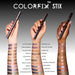 Danessa Myricks Colorfix Stix Foil and Metallics swatches on light, medium, and deep arms holding product