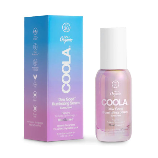 Coola Dew Good Illuminating Serum Sunscreen with Probiotic Technology SPF 30 bottle and box