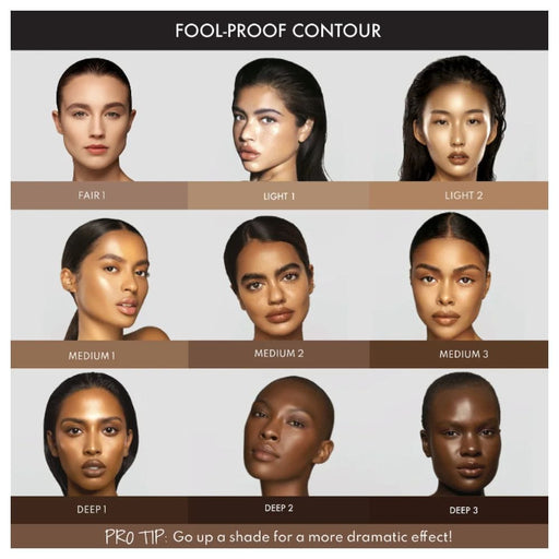 Balm Contour color chart with models where the matching shades
