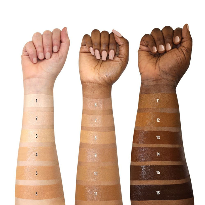 Danessa Myricks Yummy Skin Serum Skin Tint swatches on different skin tones; light, medium and dark