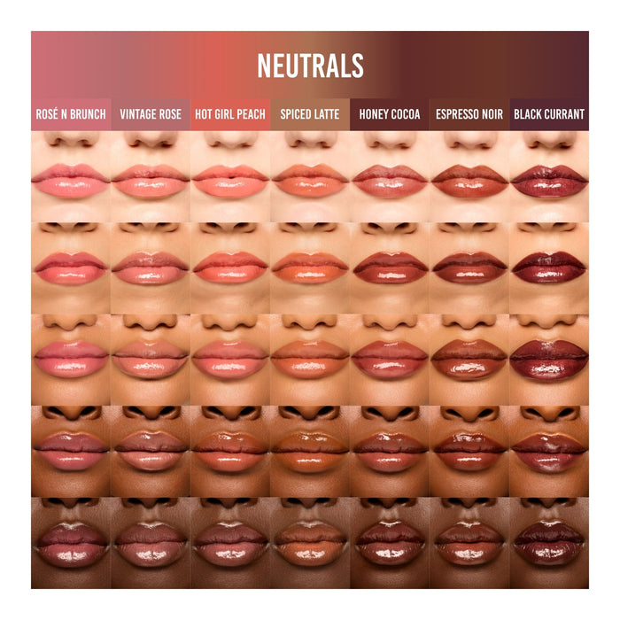 Danessa Myricks Glosswork 4D Lip Gloss Neutral shade lip swatches on 5 varying skin tones