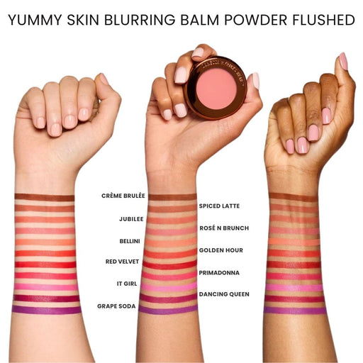 Danessa Myricks Yummy Skin Blurring Balm Flushed swatch chart on different skin tones