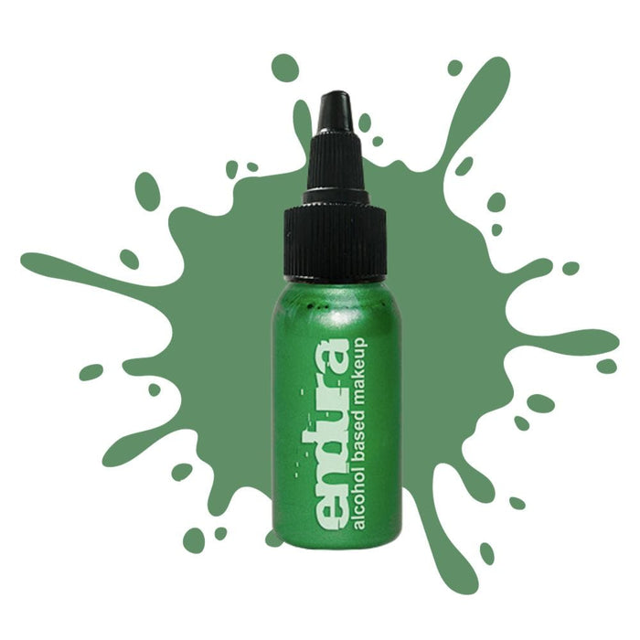 European Body Art Endura Metallic Green 1oz bottle with swatch behind