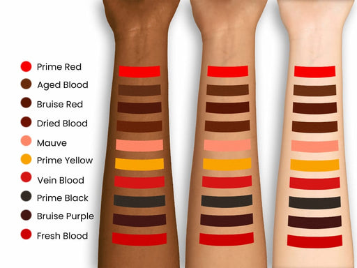 European Body Art Encore Palette Blood swatches on different skin tones