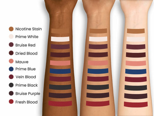 European Body Art Encore Injury Palette swatches on different skin tones