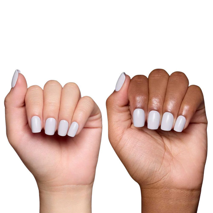 Glamnetic Press-On Nails Lilac Gray worn on 2 different skin tones 
