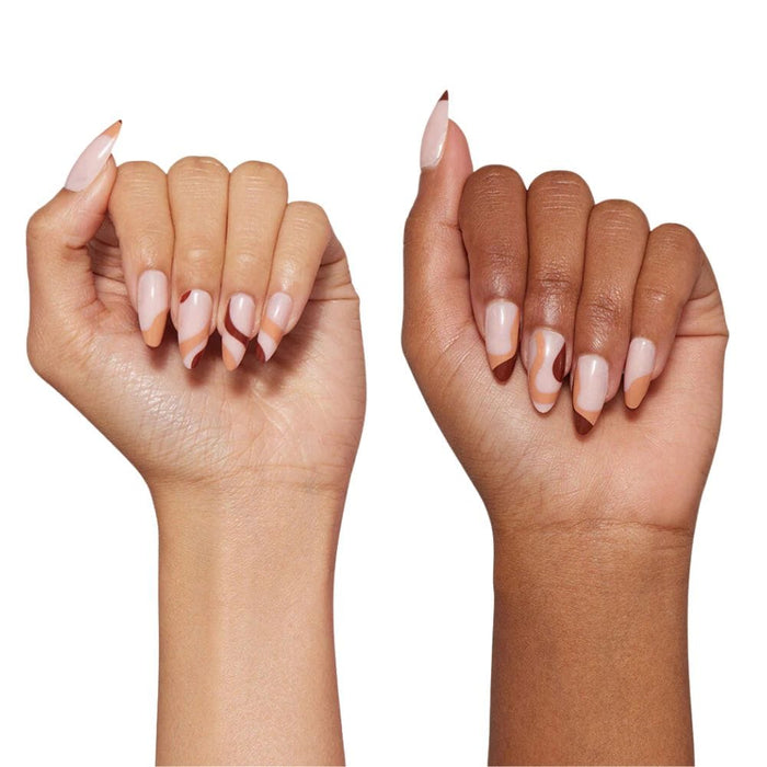 Glamnetic Press-On Nails Boogie Brown on two different skin tones