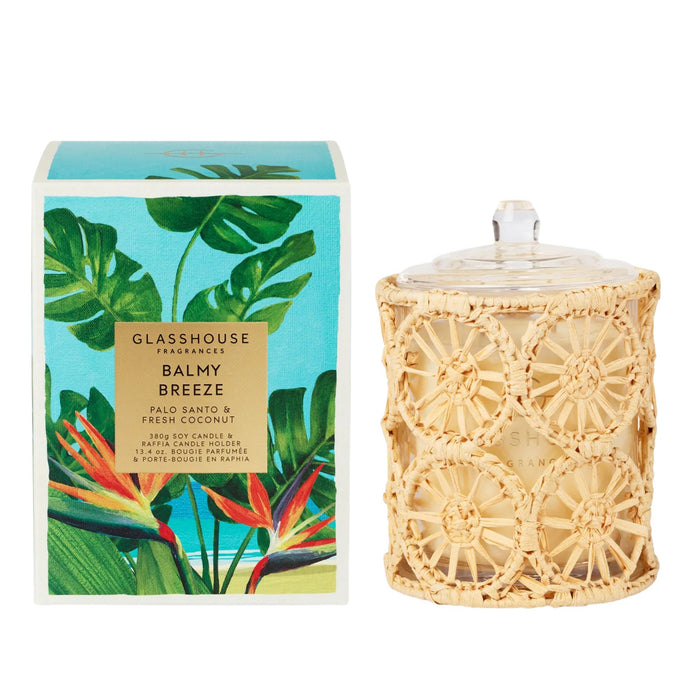 Glasshouse Fragrances Paradise Screensaver Candle Balmy Breeze 13.4oz packshot and candle