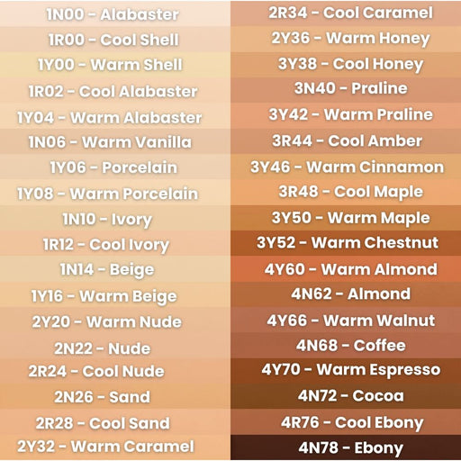 MUFE Hydra Glow Foundation Color chart with names of shades