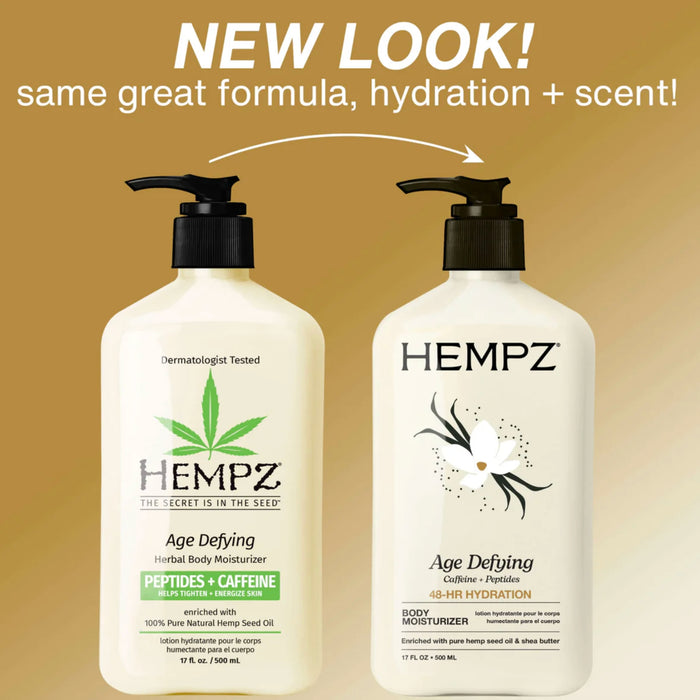 Hempz Age Defying Moisturizing Body Lotion with Peptides + Caffeine old packaging and new packaging.