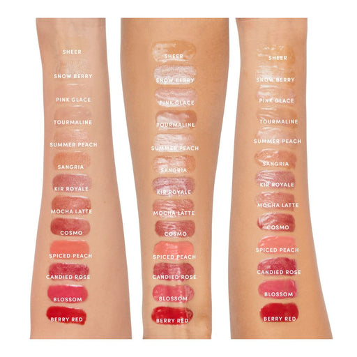 Jane Iredale HydroPure Hyaluronic Acid Lip Gloss swatches with names on the arm
