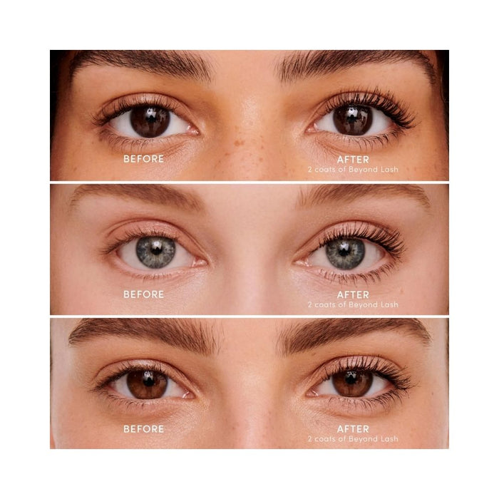 Jane Iredale Beyond Lash Volumizing Mascara Black Ink before and after 2 coats on different eye shapes/color