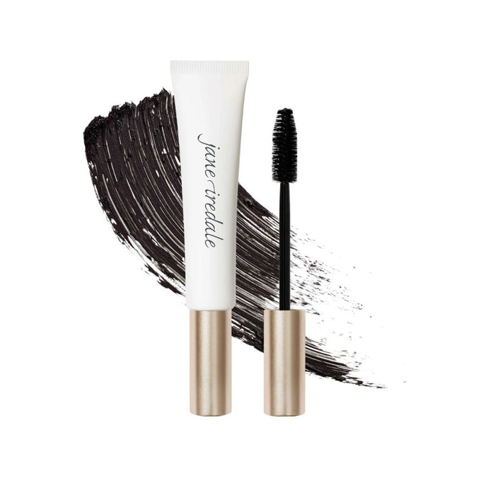 Jane Iredale Longest Lash Thickening And Lengthening Mascara black tube and wand with swatch behind