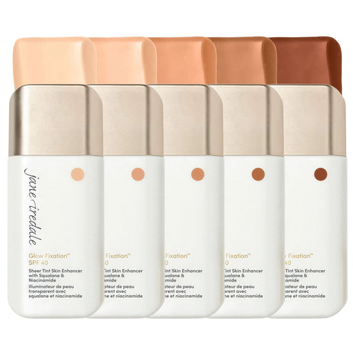 Jane Iredale Glow Fixation SPF40 Sheer Tint thumbnail. All shades in a staggered line with swatches above