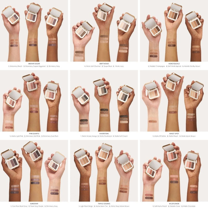 Jane Iredale PurePressed Eye Shadow Triple palettes in a 3x3 grid. Arm swatches and shade names