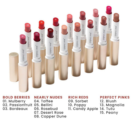 Jane Iredale ColorLuxe Hydrating Cream Lipsticks in two rows. Beneath are 4 listed categories of different shade groups