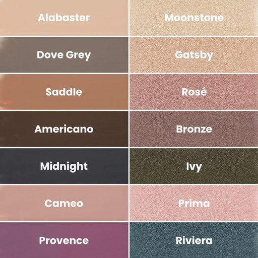 Jane Iredale ColorLuxe Eye Shadow Stick shade chart with names. Split down the vertical center with matte shades on the left and shimmer/pearl shades on the right