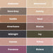 Jane Iredale ColorLuxe Eye Shadow Stick shade chart with names. Split down the vertical center with matte shades on the left and shimmer/pearl shades on the right