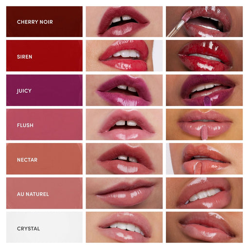 Jane Iredale ColorLuxe High Impact Lip Glaze shade chart with names and lip swatches