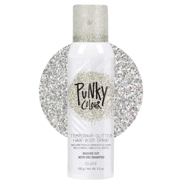 Punky Colour Temporary Glitter Hair And Body Spray 3.5oz Silver with swatch