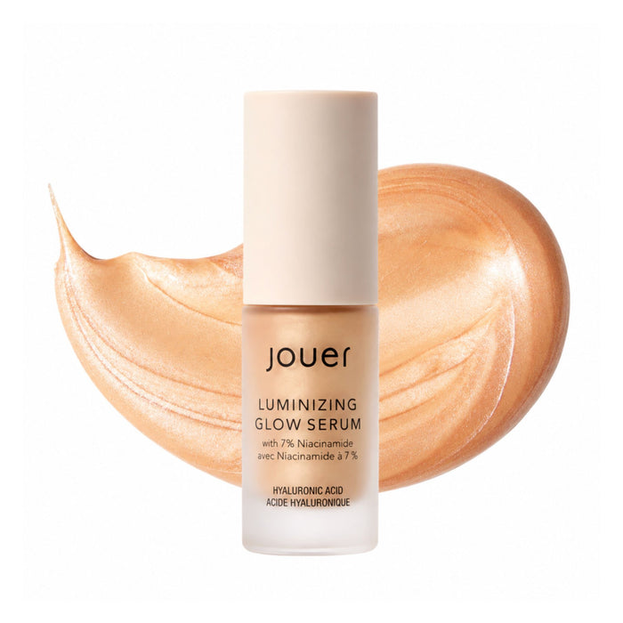 Jouer Luminizing glow serum 10ml bottle with nude glow swatch behind product.