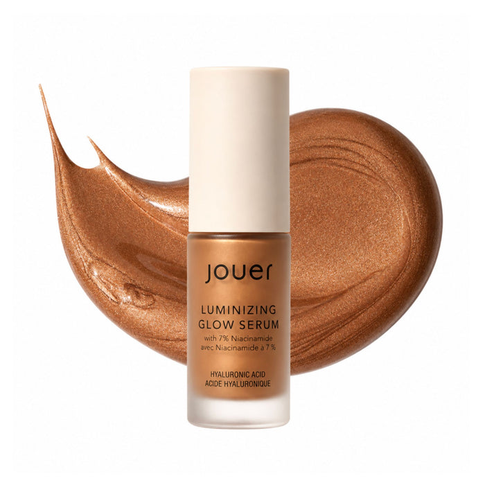 Jouer Luminizing glow serum 10ml bottle with nude glow swatch behind product.
