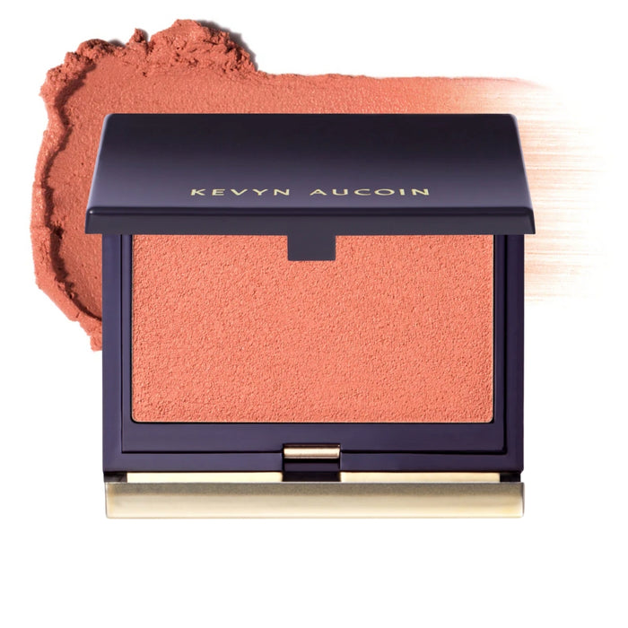 Kevyn Aucoin Sensual Skin Blush Exposed open compact with swatch behind