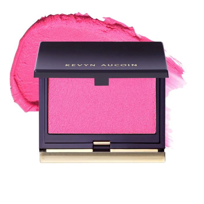 Kevyn Aucoin Sensual Skin Blush Revealed open compact with swatch behind