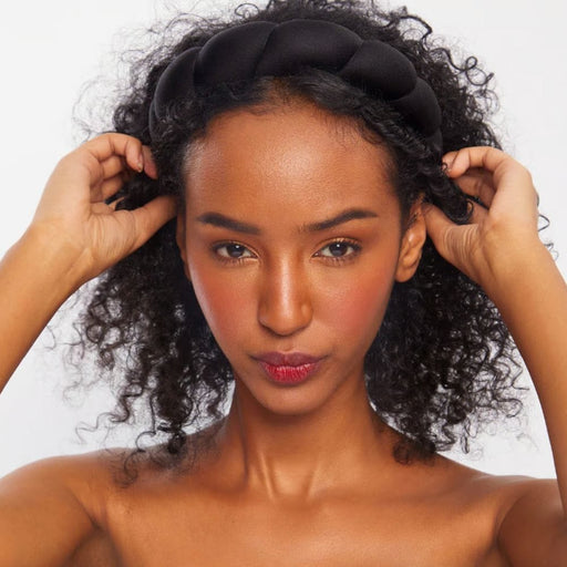 Kitsch Recycled Fabric Headband Black on model with curly hair