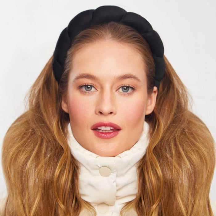 Kitsch Recycled Fabric Headband Black on model with wavy/straight hair