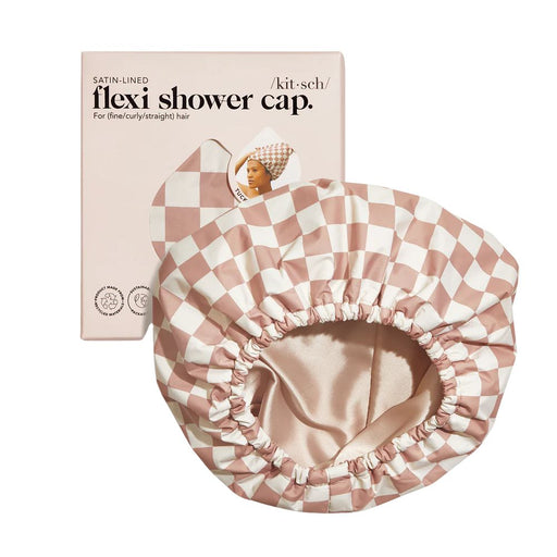 Kitsch Satin-Lined Flexi Shower Cap Terracotta Checker