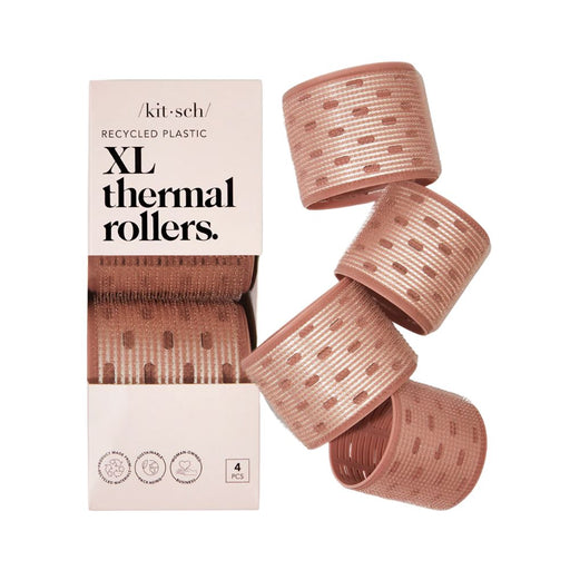 Kitsch XL Thermal Rollers 4 Pack Terracotta. Styled rollers next to product pack
