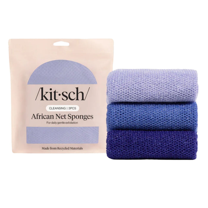 Kitsch 3 pack African Net Sponge ocean blue - packshot and folded sponges