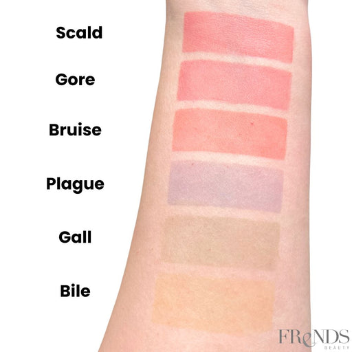 Kryolan Bruise Cream  Arm Swatch with all 6 shades and names