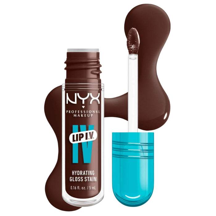 NYX Lip I.V. Hydrating Lip Gloss Stain 06 Espresso Soak with swatch