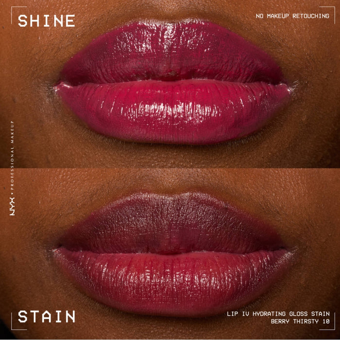NYX Lip I.V. Hydrating Lip Gloss Stain lip swatch vs shine lip swatch