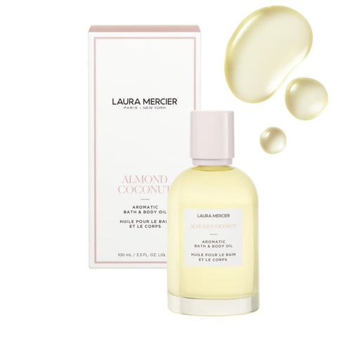 Laura Mercier Aromatic Bath & Body Oil 3.3oz Almond Coconut bottle in front of product box with swatch above and to the right.