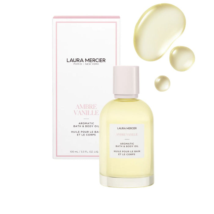 Laura Mercier Aromatic Bath & Body Oil 3.3oz Ambre Vanille bottle in front of product box with swatch above and to the right.