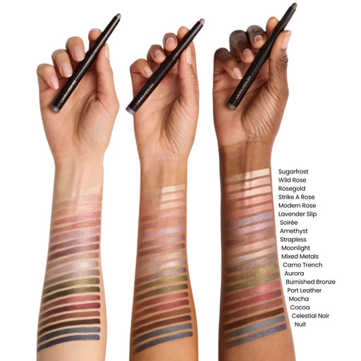 Laura Mercier Caviar Stick Shimmer Eye Shadow swatches on different skin tones. List of shade names on the right