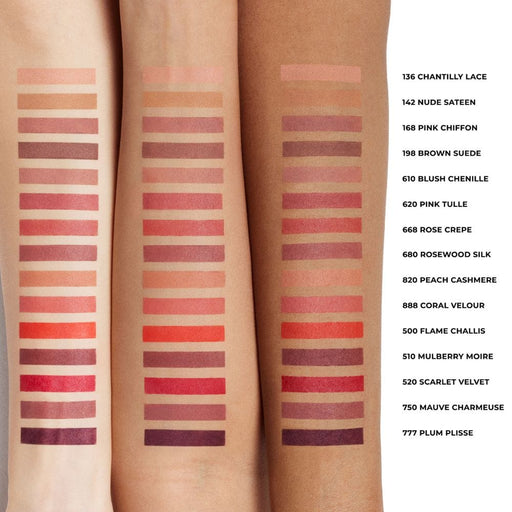 Laura Mercier Caviar Smoothing Matte Lipstick swatches on different skin tones 