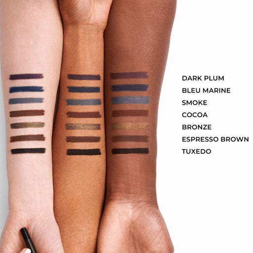 Laura Mercier Caviar Tightline Eyeliner swathed on different skin tones with shade names