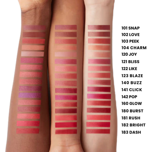 Laura Mercier High Vibe Lip Color swatches on different skin tones with names to the right