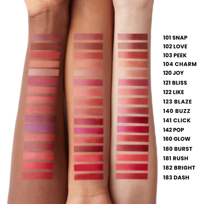 Laura Mercier High Vibe Lip Color swatches on different skin tones with names to the right
