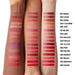 Laura Mercier High Vibe Lip Color swatches on different skin tones with names to the right